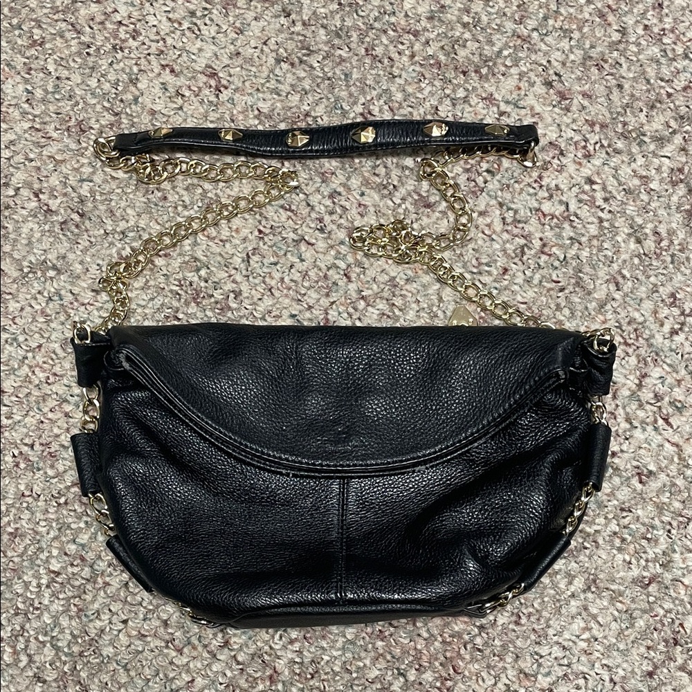 Perlina Black Leather with gold crossbody Chain purse